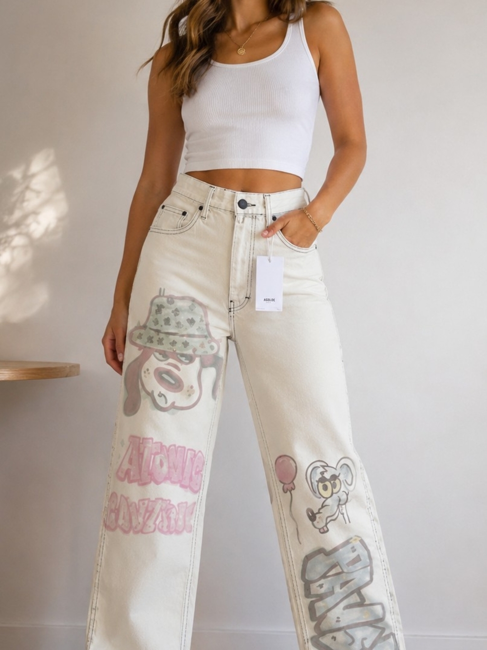 Bershka Cream Wide-Leg Jeans with Pastel Graphic Art